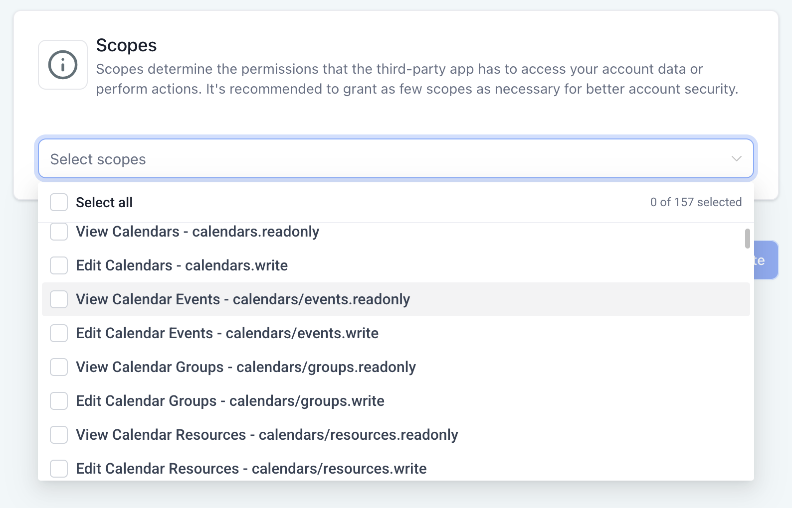 Selecting scopes when creating a Private Integration token — a searchable list of read-only and write permissions such as businesses.readonly, calendars.write, and calendars/events.readonly.